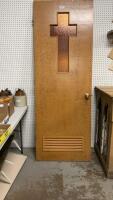 VINTAGE DOOR W/ CROSS STAINED GLASS WINDOW INSERT