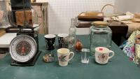VINTAGE ITEMS - STARFRIT SCALE (NO TRAY), LARGE JAR, MUGS, CRUSH POP BOTTLE, DECOR CHICKEN, GLASS PAPER WEIGHT