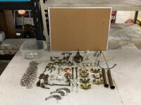 PLASTIC CONTAINER W/ ASSORTMENT OF ANTIQUE HOOKS, HINGES, KNOTS, LOCKS, WHEELS, CHAIN, PIN BOARD & MISCELLANEOUS