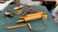 VINTAGE ITEMS - MEAT GRINDERS, (2) ROLLING PIN, BUTTER BOX, FOLDING RULER, JAR LIFTER, SPICE CONTAINER