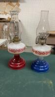 (2) KEROSENE LAMPS - ONE BLUE, ONE RED BASE