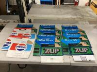 (11) ASSORTED VINTAGE 7-UP & PEPSI 26OZ 6-PACK CARDBOARD BOXES