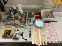 SHOP BOX W/ STAPLERS, BRUSHES, DOOR KNOTS, ROPE, MASKING TAPE, MAGNETIC STRIPS, ASSORTMENT OF PAINTS & MISCELLANEOUS