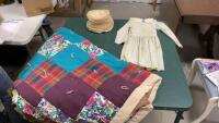 VINTAGE HAT, HANDMADE QUILT, ANTIQUE CHILDS DRESS