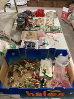 BOX OF ANTIQUE CHRISTMAS W/ LIGHT STAKES, ASSORTMENT OF ORNAMENTS, TINS, GIFT BAG, BOXES, SILVER PLATE TRAY & MISCELLANEOUS