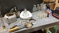 BOX W/MILK BOTTLES, BABY BOTTLES, INSULATORS, BED PAN, KETTLE,