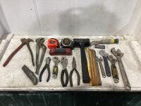 SHOP BOX OF MISC TOOLS W/ PLIERS, WRENCHES, CHAINSAW FILE, BOX-CUTTER & MEASURING TAPE