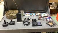 BOX + BASKET W/ATARI GAME CONSOLE + ROUTER, DVD&rsquo;S, CD