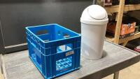 BLUE CRATE + WHITE GARBAGE CAN
