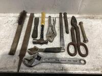 SHOP TOTE W/ VISE GRIPS, WRENCH, FILE, BRUSH AND MISC