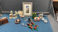 BOX W/ MISC DECOR - SMALL PICTURE, MARBLE BIRD & CACTI, ORNAMENTS, SALT & PEPPER SHAKERS