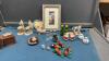 BOX W/ MISC DECOR - SMALL PICTURE, MARBLE BIRD & CACTI, ORNAMENTS, SALT & PEPPER SHAKERS