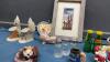 BOX W/ MISC DECOR - SMALL PICTURE, MARBLE BIRD & CACTI, ORNAMENTS, SALT & PEPPER SHAKERS - 3
