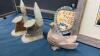 BOX W/ MISC DECOR - SMALL PICTURE, MARBLE BIRD & CACTI, ORNAMENTS, SALT & PEPPER SHAKERS - 6