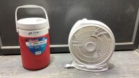 (2)ITEMS - TABLE TOP FAN + COLEMAN JUG
