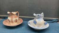 (2) SMALL CERAMIC WATER PITCHERS W/ BASINS
