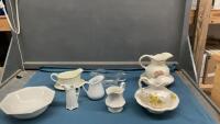 (2) BOXES W/ (2) SMALL WATER PITCHERS ON BASINS, GRAVY BOAT, CREAMER, BOWL