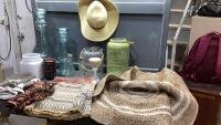 BOX W/CANDLE HOLDERS, HOUR GLASS, RUG, SUN HAT, TABLE RUNNERS