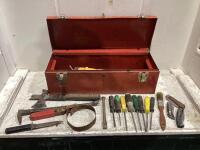 TOOL BOX W/ SCREW DRIVERS, KNIVES, WRENCH, HATCHET, CHALK GUN & MISC