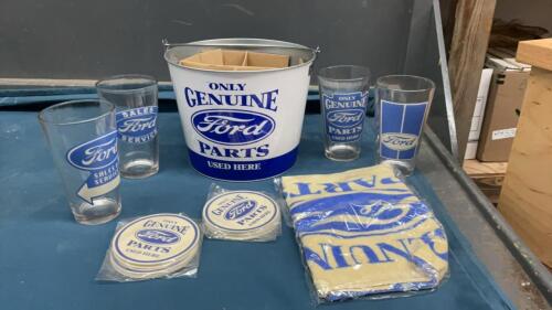 FORD ICE BUCKET W/ GLASSES, COASTERS & TOWEL