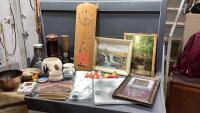 BOX OF VASES, SOUTHWEST DECOR ITEMS, FRAMED PRINTS