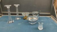 BOX W/ CRYSTAL DECOR PIECES - CANDLESTICKS, ICE BUCKET & TONGS, CANDY DISH ETC
