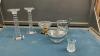 BOX W/ CRYSTAL DECOR PIECES - CANDLESTICKS, ICE BUCKET & TONGS, CANDY DISH ETC