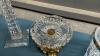 BOX W/ CRYSTAL DECOR PIECES - CANDLESTICKS, ICE BUCKET & TONGS, CANDY DISH ETC - 4