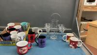 (2) BOXES W/ MUGS & COCKTAIL MIXER W/ GLASSES ON STAND