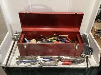 TOOL BOX OF MISC W/ WRENCHES, VISE GRIPS, HAMMERS, SCREW DRIVERS, PLIERS & DRILL BITS