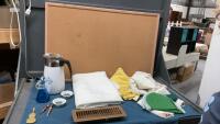 CORKBOARD, CORNINGWARE COFFEE CARAFE, DOILIES, TABLECLOTHS ETC
