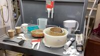 BOX W/BRITA JUG, TUPPERWARE CAKE CONTAINER, GLASSES, MUGS