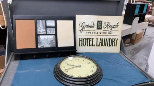 PLASTIC FRAME CLOCK, PICTURE FRAME W/ HOOKS/WHITEBOARD/CORKBOARD & LAUNDRY SIGN