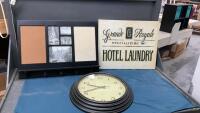 PLASTIC FRAME CLOCK, PICTURE FRAME W/ HOOKS/WHITEBOARD/CORKBOARD & LAUNDRY SIGN