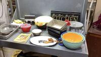 BOX W/ELECTRIC CAN OPENER, BAKING PANS, BOWLS, &ldquo;OINK&rdquo; TRAY