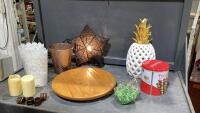 BOX W/ STAR SHAPED LIGHT, GLASS PINEAPPLE CANDLE HOLDER, LAZY SUSAN, METAL CONTAINERS