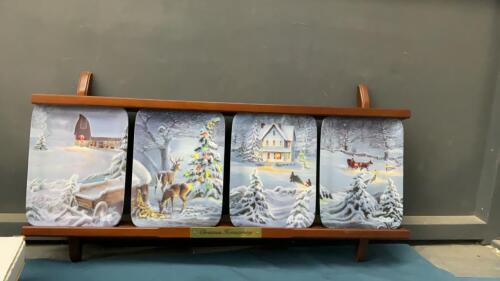 (4) CHRISTMAN HOMECOMING&rdquo; COLLECTOR PLATES W/ PLATE RAIL SHELF