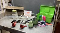 BOX W/BARNWOOD SHELF, BIRD FIGURINES, FRUIT, PLANT POTS,