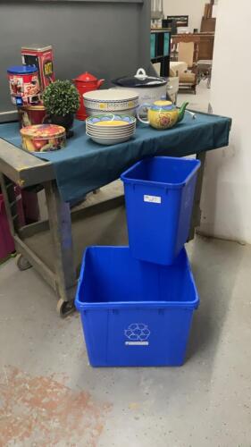 RIVAL CROCKPOT, (2) RECYCLE BINS, MISC STORAGE TINS, POPCORN CERAMIC BOWL, RED COFFEE POT