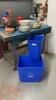 RIVAL CROCKPOT, (2) RECYCLE BINS, MISC STORAGE TINS, POPCORN CERAMIC BOWL, RED COFFEE POT