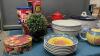 RIVAL CROCKPOT, (2) RECYCLE BINS, MISC STORAGE TINS, POPCORN CERAMIC BOWL, RED COFFEE POT - 2