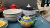 RIVAL CROCKPOT, (2) RECYCLE BINS, MISC STORAGE TINS, POPCORN CERAMIC BOWL, RED COFFEE POT - 3