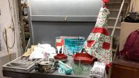 BOX W/RED BAKING DISH, KITCHEN TOWELS, POTS, UTENSIL STORAGE UNIT