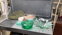 BOX W/METAL BASKET, GLASS TRAY, PLACEMATS, GLASS BOWLS
