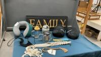 &ldquo;FAMILY&rdquo; SIGN & BOX W/ NECK SUPPORTS, TEA POT, COFFEE PRESS, MACRAME PLANT HOLDER