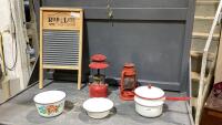 WASHBOARD, 2 LANTERNS, ENAMEL WARE POT