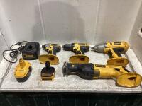 SHOP BOX OF CORDLESS DEWALT TOOLS W/ (3) DRILLS, RECIP SAW, ADAPTER, CHARGER & BATTERY