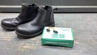 BOX W/ DENVER HAYES SIZE 10 BOOTS + ANKLE HEATING PADS