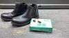 BOX W/ DENVER HAYES SIZE 10 BOOTS + ANKLE HEATING PADS