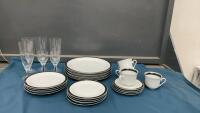 &ldquo;MIDNIGHT LACE&rdquo; CHINA DISH SET - (4) PLACE SETTING AND (6) WINE GLASSES